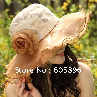Free shipping-2012 summer  fashion ladies' hat chiifon flower decorated sun hat -beige/gray/brown/beige/light pink 5colors