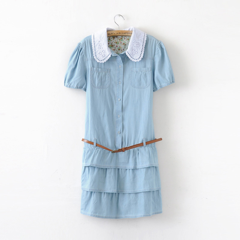 Free shipping! 2012 summer lace short-sleeve 100% cotton casual denim one-piece dress short skirt female