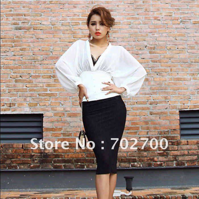 Free Shipping 2012 summer lady fashion Ultra low V collar see-through Long Sleeve Chiffon Blouses K081 Holiday Sale