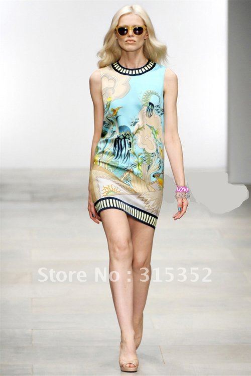 Free Shipping 2012 Summer New Arrival Fashion Style Hot Sale  World seabed Printed Summer Women's Casual Silk Dresses
