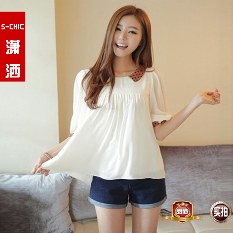 Free shipping 2012 summer new arrival sweet dot patchwork women's shirt peter pan collar casual high-waisted type top Blouse