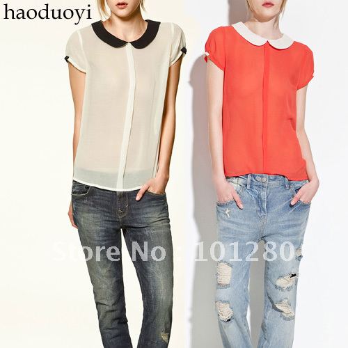 FREE SHIPPING 2012 summer new fashion contrast color small round turn-down collar top fashion sweet short-sleeve collar shirt