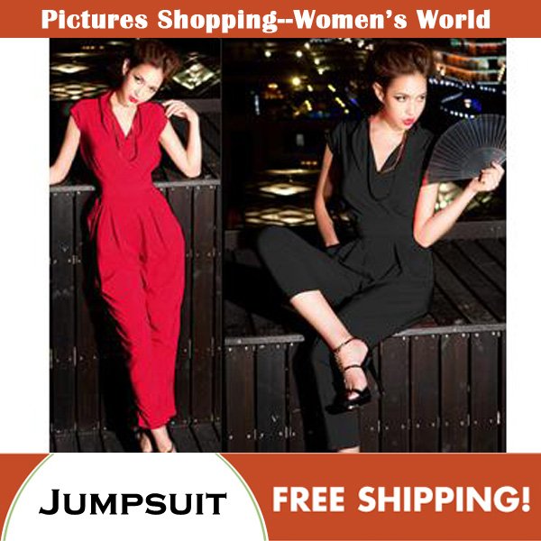 Free shipping! 2012 summer new fashion cool cross V-neck slender waist double pocket jumpsuit women/lady's clothing
