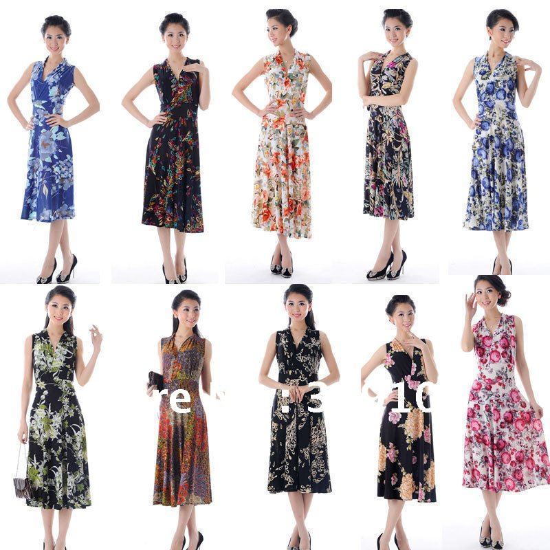 Free shipping-2012 summer new fashion dresses solid/floral/leopard 38 colors comfortable modal mid-calf  V-neck  women's dresses