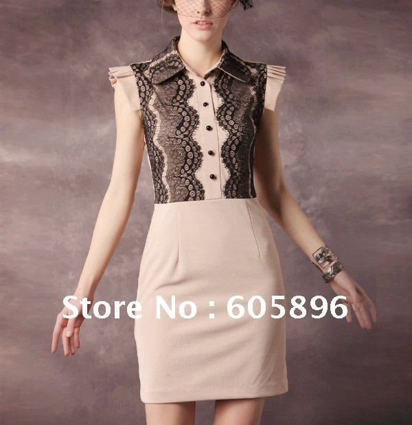 Free shipping-2012 summer new-Vintage elegant dresses/lace decorated turn-down collar ladies' dresses S~XXL 4sizes-high quality