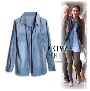 FREE SHIPPING! 2012 summer slim thin denim shirt punctuated medium-long female casual long-sleeve denim shirt