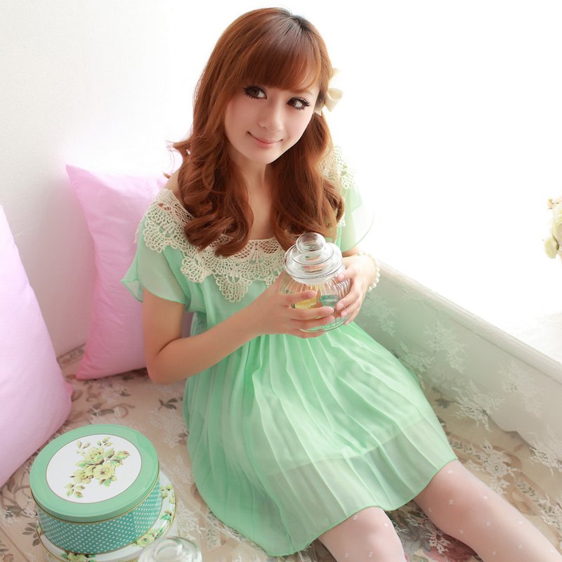 Free shipping 2012 summer sweet lace collar elastic waist slim princess pleated short-sleeve dress
