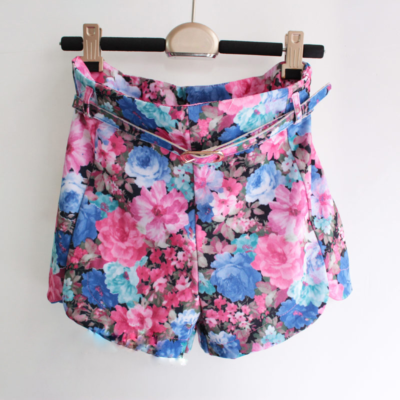 Free Shipping 2012 Summer vintage baroque rose high waist straight shorts print shorts with belt (Blue+Orange+S/M)120922#3