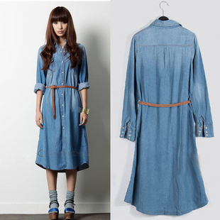 Free Shipping 2012 summer vintage denim shirt female one-piece dress slim lengthen trench denim shirt
