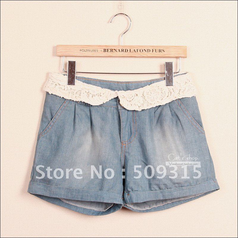 Free shipping 2012 summer vintage fresh lace decoration front button plus size denim shorts culottes shorts female