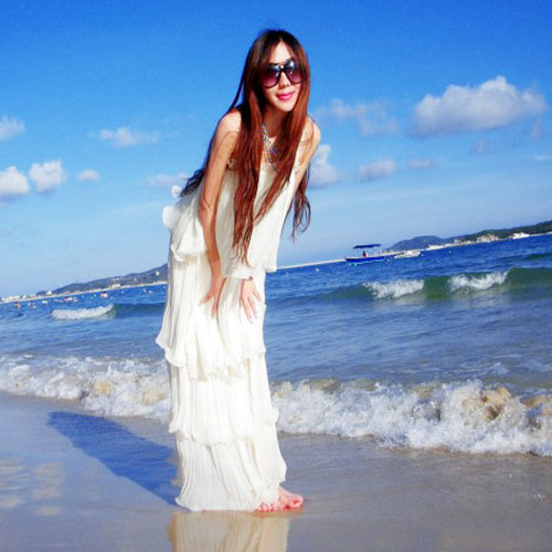 Free shipping 2012 summer white swan gentlewomen bohemia full dress ruffle pleated chiffon one-piece dress beach dress