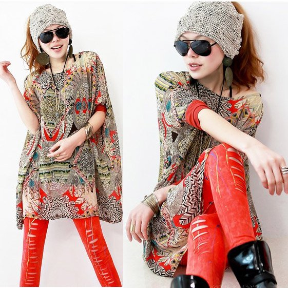 Free Shipping 2012 summer women fancy loose casual fashion national trend blouse chiffon blouses plus size SY0002