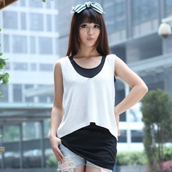 Free shipping 2012 summer women's color block decoration set casual all-match twinset sleeveless sweater b3502