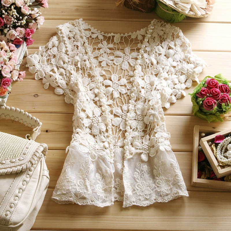 Free Shipping!  2012 Summer Women's Cutout Crochet Lace Patchwork Pearl Jacquard Cardigan Small Shurg Sweater B06685#