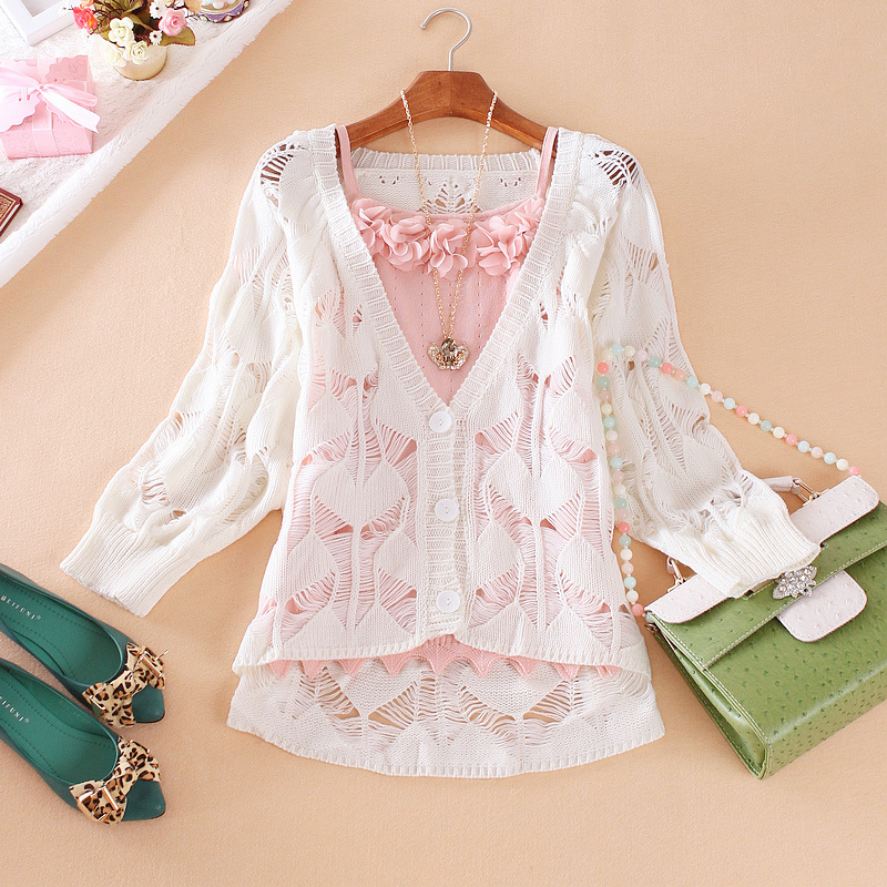 Free Shipping, 2012 summer women's cutout crochet V-neck half sleeve sweater cardigan female