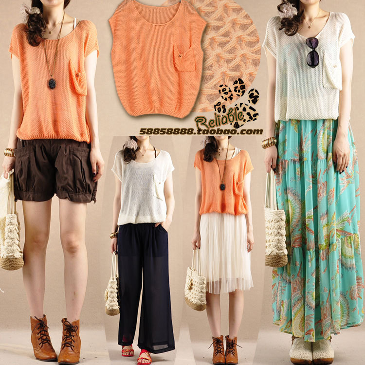 free shipping 2012 summer women's cutout sweater loose short-sleeve net shirt o-neck pocket thin knitted short-sleeve
