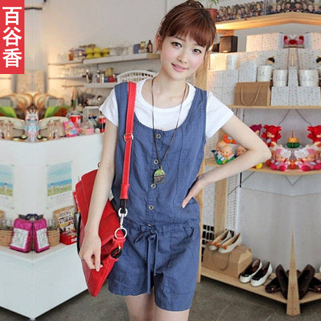 Free shipping! 2012 summer women's denim jumpsuit short-sleeve twinset jumpsuit shorts female