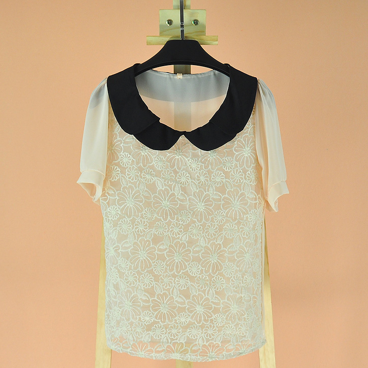 Free shipping 2012 summer women's lace chiffon top cute shirt chiffon shirt short-sleeve chiffon shirt