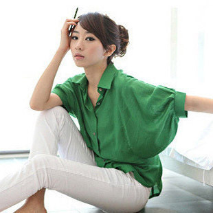 Free Shipping 2012 summer women's new arrival green batwing sleeve loose short-sleeve shirt - 8807