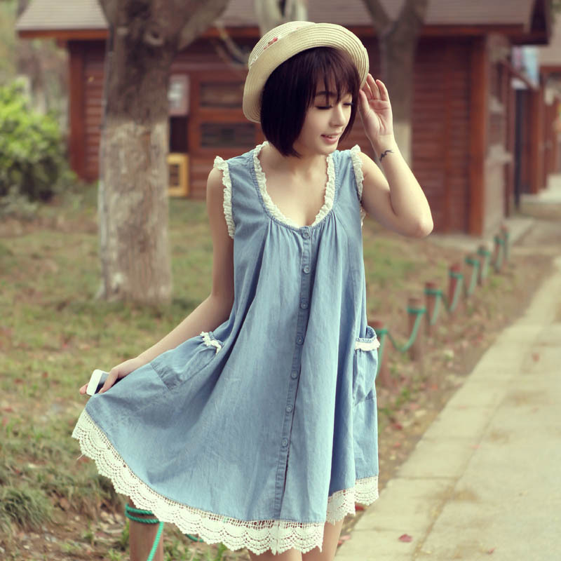 Free shipping ! 2012 summmer lace tank dress women's denim dress A246