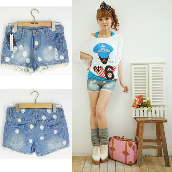 Free shipping 2012 sweet bleach circle lace decoration light color wearing white denim shorts 09987 MYYH