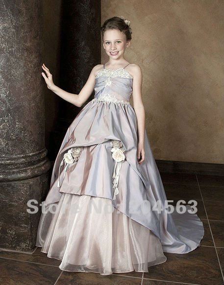 Free Shipping 2012 Taffeta Spaghetti Straps Flower Girl Dress Kids Dress with Flower Custom size/color
