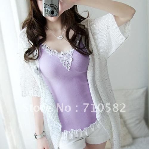 Free shipping 2012 the newest style women free stylescrew thread lace camisole, Supporter vest, under shirt(violet colour)
