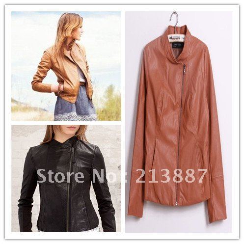 Free shipping 2012 The simple version of the pockets on both sides semi-oblique zipper leather jacket