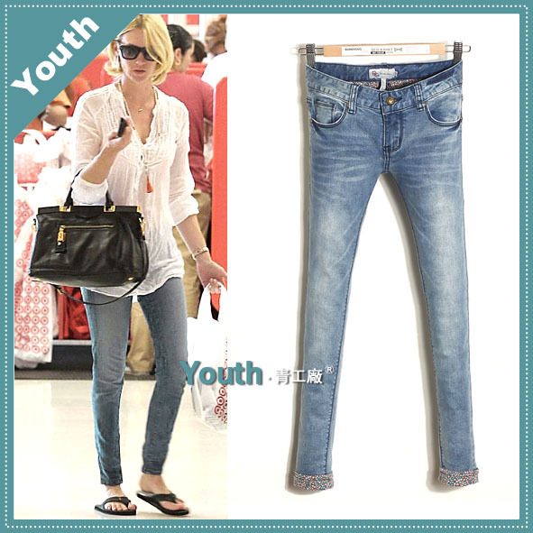 free shipping 2012 thin retro finishing blue low-waist Women denim roll-up hem tights ankle length trousers