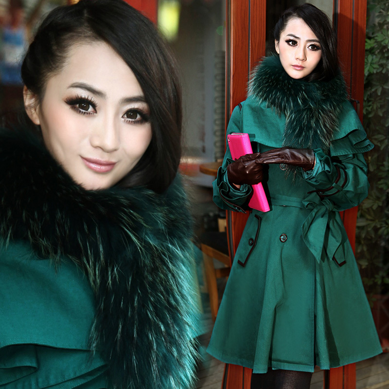 Free Shipping! 2012 Top Quality New Fashion Colour Real Fur Double Breasted Trench Slim Long Designer Women Down Coat B06751#