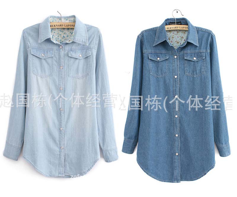 Free shipping 2012 Top Quality Pearl button Jeans Denim Shirt Long-sleeve Women's Plus Size Outerwear Blouse 6 Size 2 Color