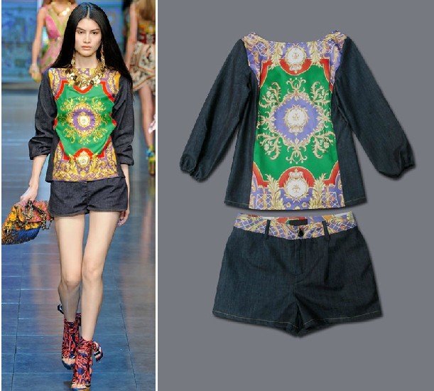 FREE SHIPPING 2012 TOP QUALITY WOMEN LUXURIOUS PRINT TOPS +SHORTS Baroque Rich Stylish Summer Denim Sets SS12020
