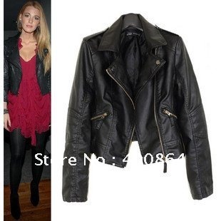 Free shipping! 2012 Top selling,women faux leather;zip-up,cropped PU black leather jacket,Lady coat Outerwear