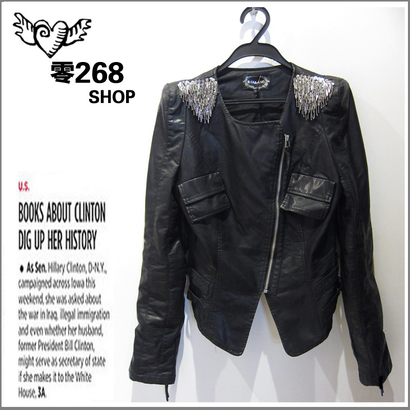 free shipping 2012 tube beads epaulette slim zipper motorcycle outerwear leather clothing female