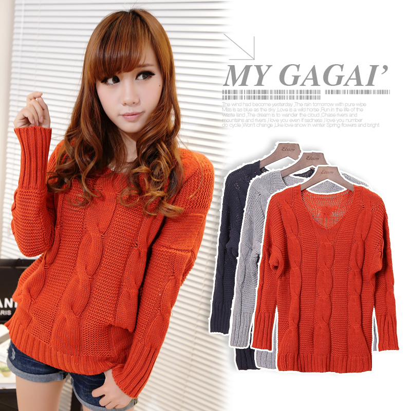Free shipping 2012 V-neck long-sleeve twisted , dsmv batwing sleeve slim basic sweater a95