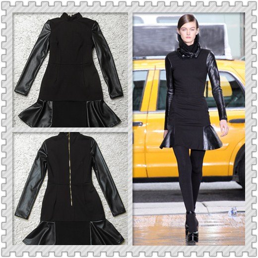 Free Shipping 2012 VB Victoria Style Top Quality New Arrival Stretch Cotton Patchwork PU Leather Mermaid Dress