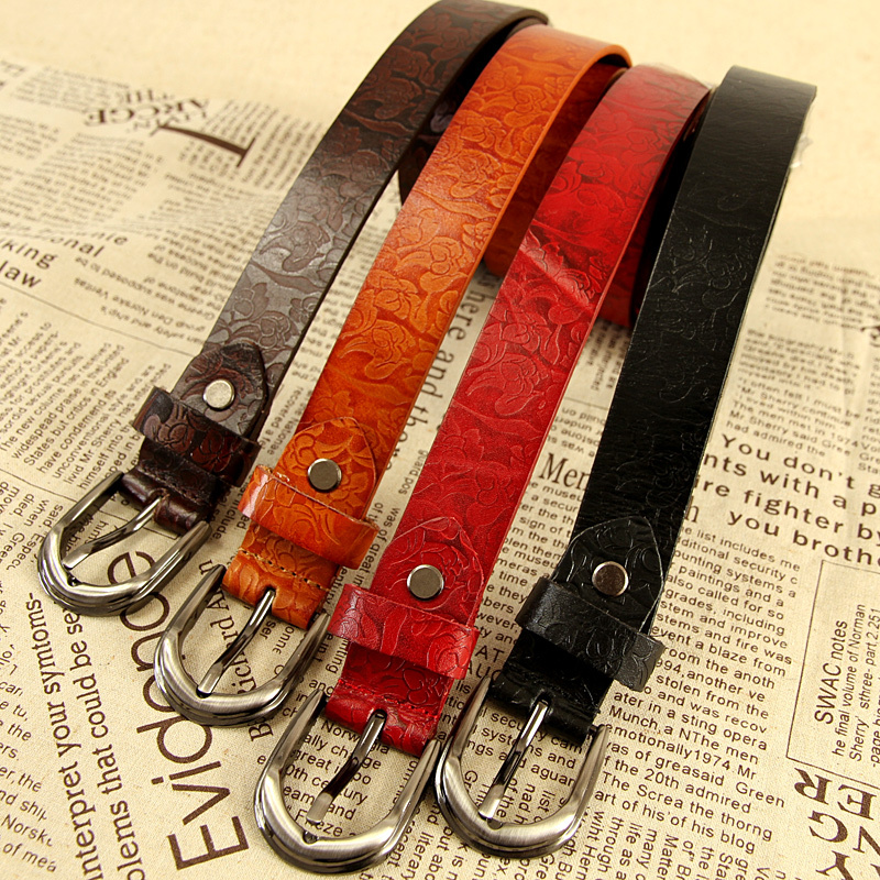 Free Shipping 2012 vintage girted embossed first layer of cowhide genuine leather female thin belt 4