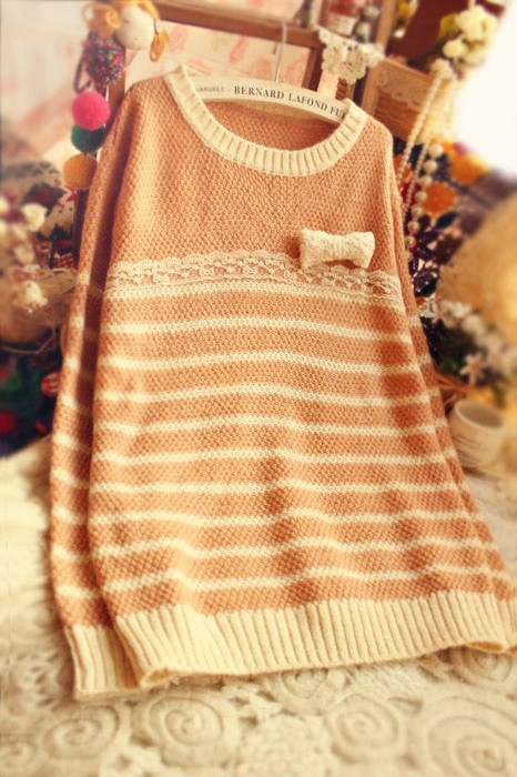 Free shipping 2012 vintage sweet lace stripe bow vintage sweater pullover