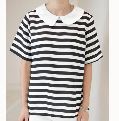 ,Free shipping 2012 vivi women's autumn and winter vintage peter pan collar all-match stripe preppy style chiffon shirt