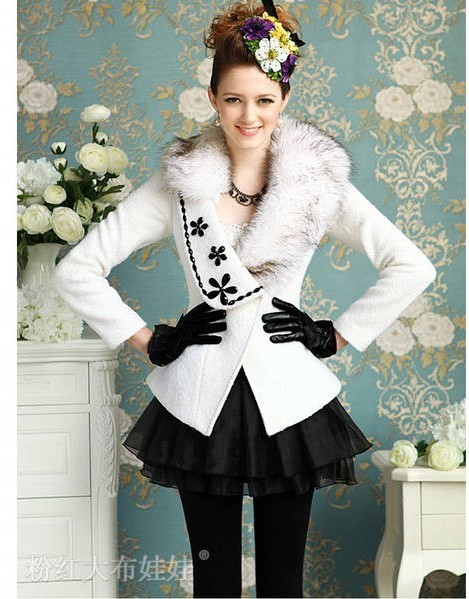 free shipping 2012 white large fur collar black flower gem noble elegant slim waist women's