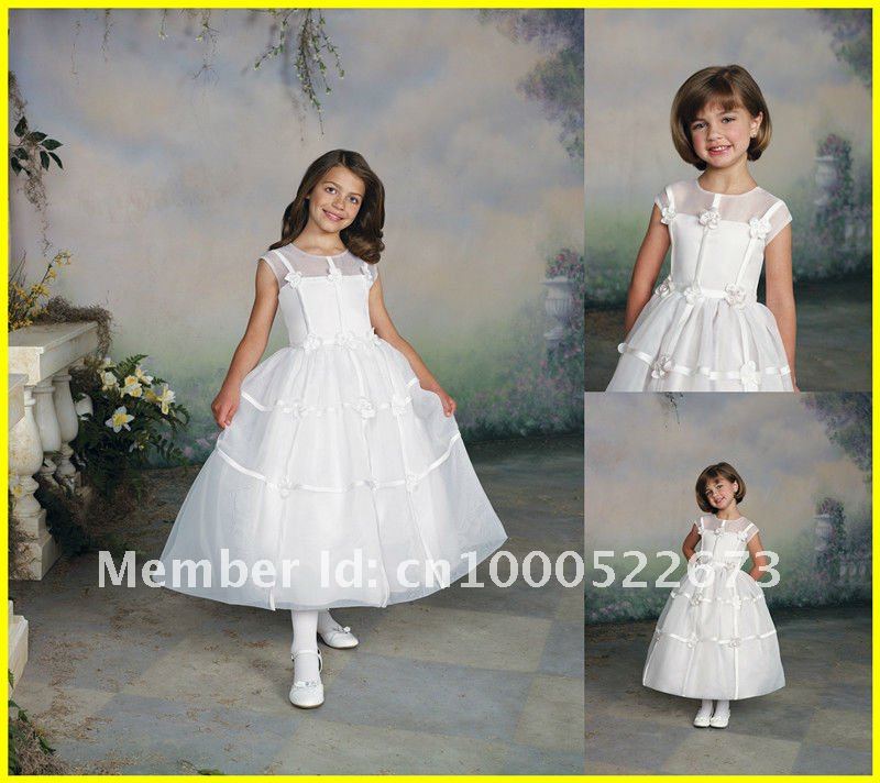 Free Shipping 2012 Wholesale Off The Shoulder Tea length Organza Applique A line Flower Girl Dress Dresses