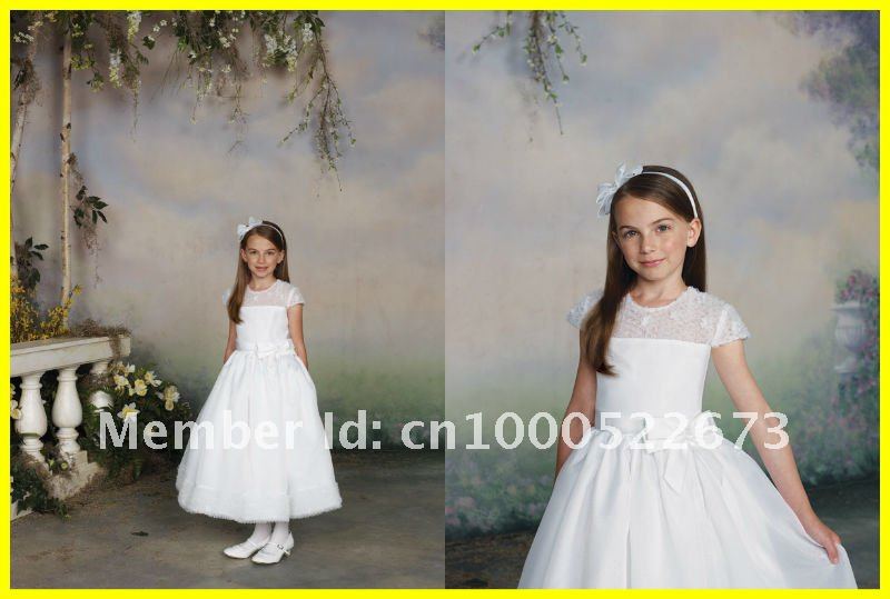Free Shipping 2012 Wholesale Portrait Short Sleeve Taffeta Bow Unique A line Flower Girl Dress Dresses