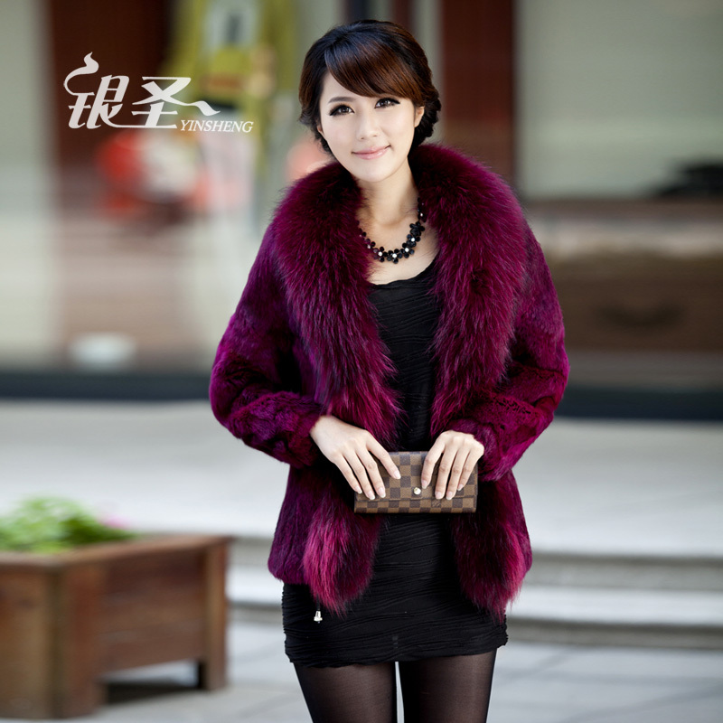 Free Shipping 2012   Winer Outerwear /Rabbit Fur Coat with big raccoon dog fur collar