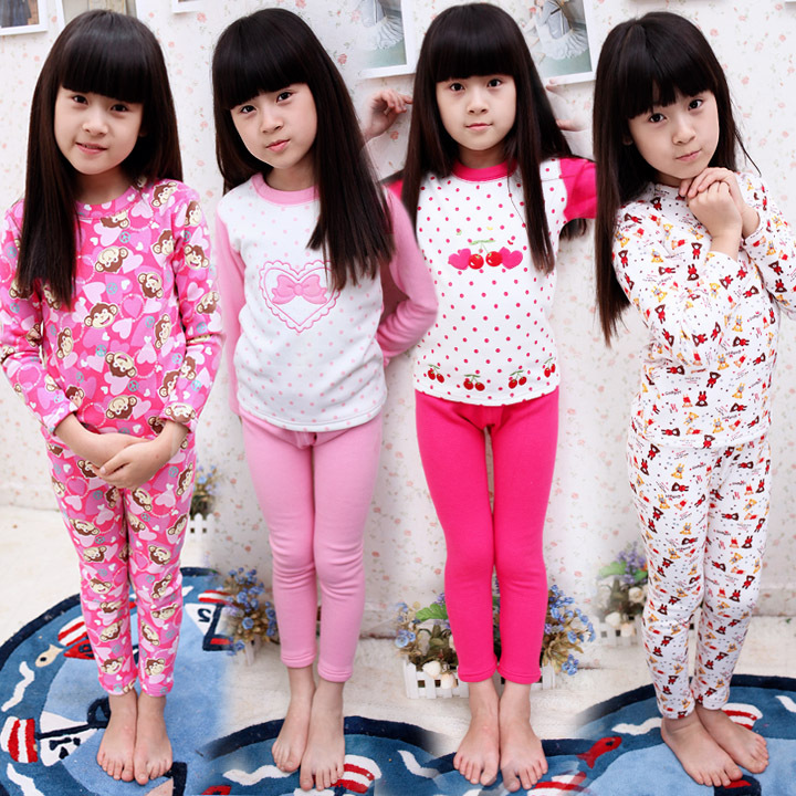 free shipping 2012 winter children's clothing female child thickening fleece liner lounge underwear set long johns long johns