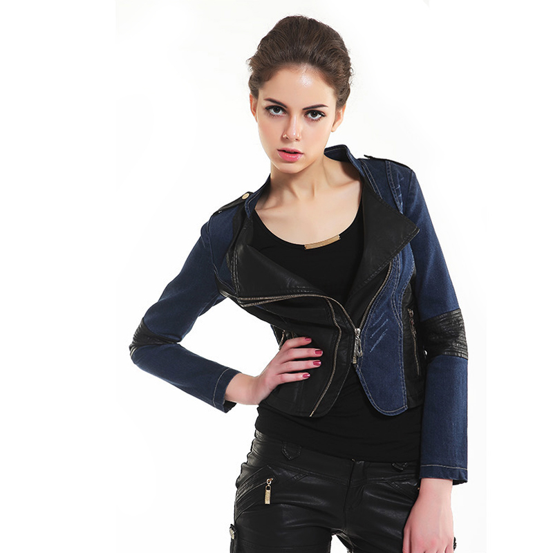 free shipping 2012 winter denim patchwork PU leather coat fashion motorcycle zipper slim PU women's small leather clothing