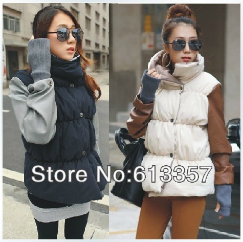 Free shipping 2012 Winter Fashion wild thick cotton-padded overcoat,splicing leather sleeves with gloves, warm padded jacket