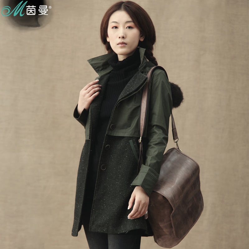 FREE SHIPPING   2012 winter female patchwork single breasted long design with a hood trench outerwear 823041791