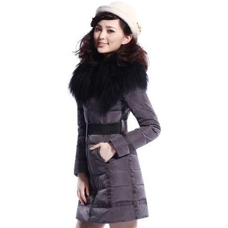 Free shipping 2012 winter luxury true fur collar slim Collect waist long down jacket, women's down jacket