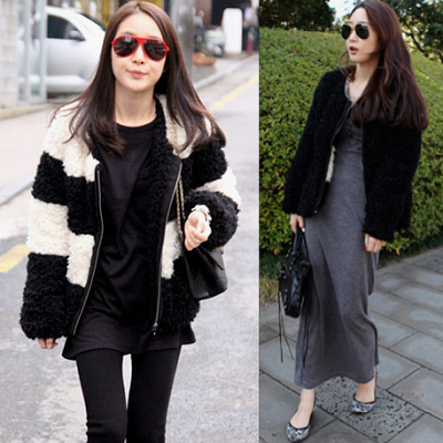 Free Shipping 2012 winter new arrival vivi black-and-white stripe reversible berber fleece zipper-up short jacket outwear