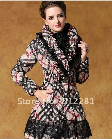 Free shipping 2012 Winter New Fashion lace collar Duck Down Coats medium-long slim name brand winter coats plaid